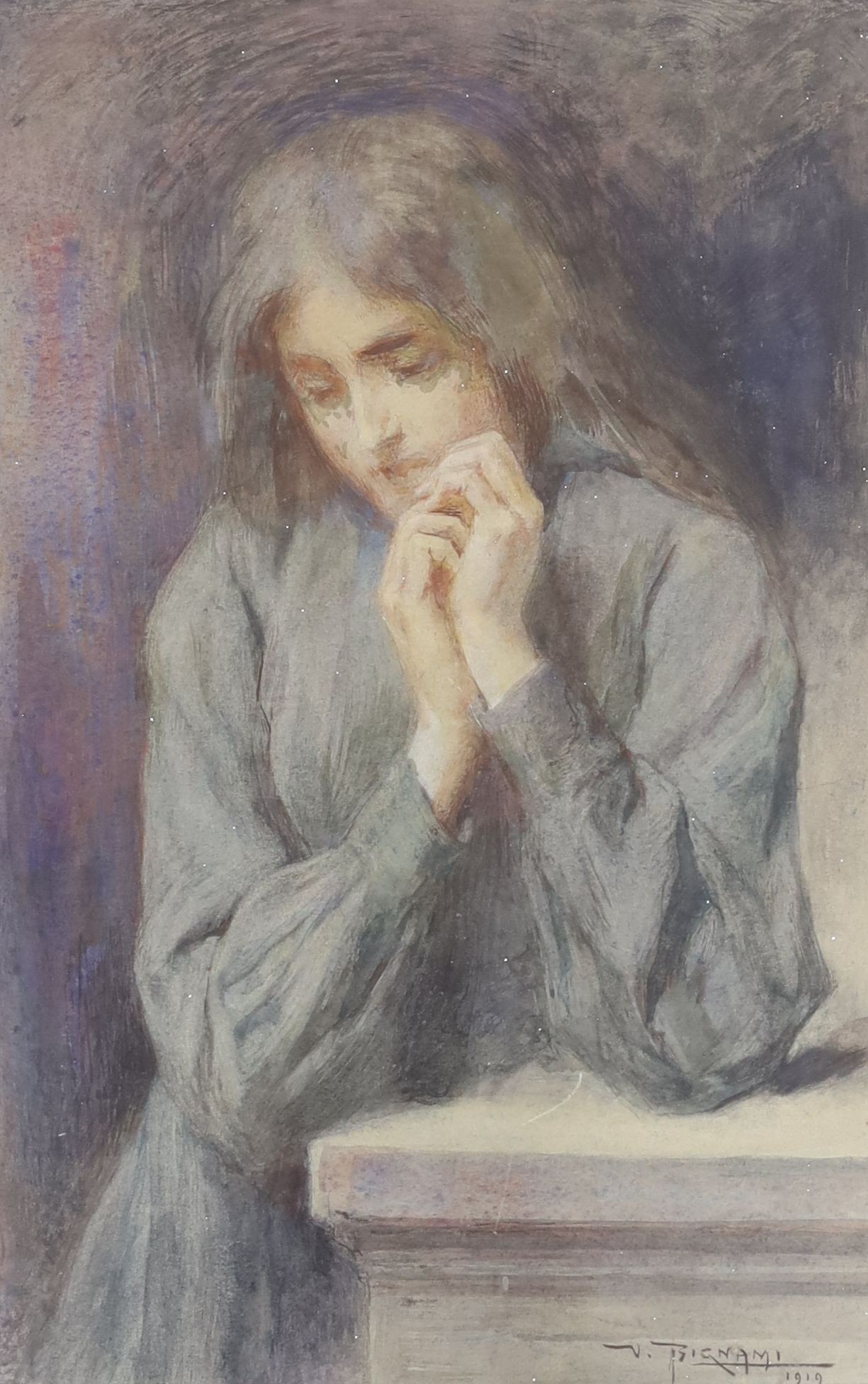 Vespasiano Bignami (Italian, 1841-1929), watercolour, 'Umilta', signed and dated 1919, label verso, 43 x 28cm